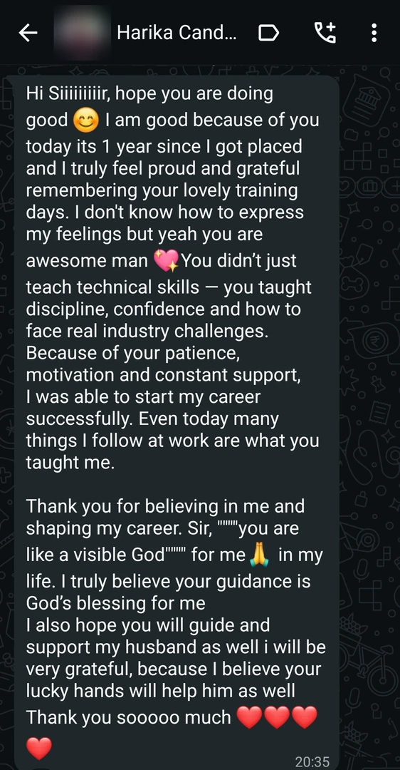 today its 1 year since I got placed and I truly feel proud and grateful remembering your lovely training days.
